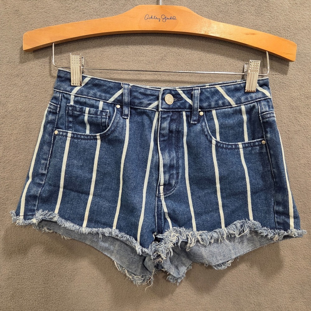 Pacsun Striped Jean Short Women's Size Small Raw Hem Blue Denim Casual Festival